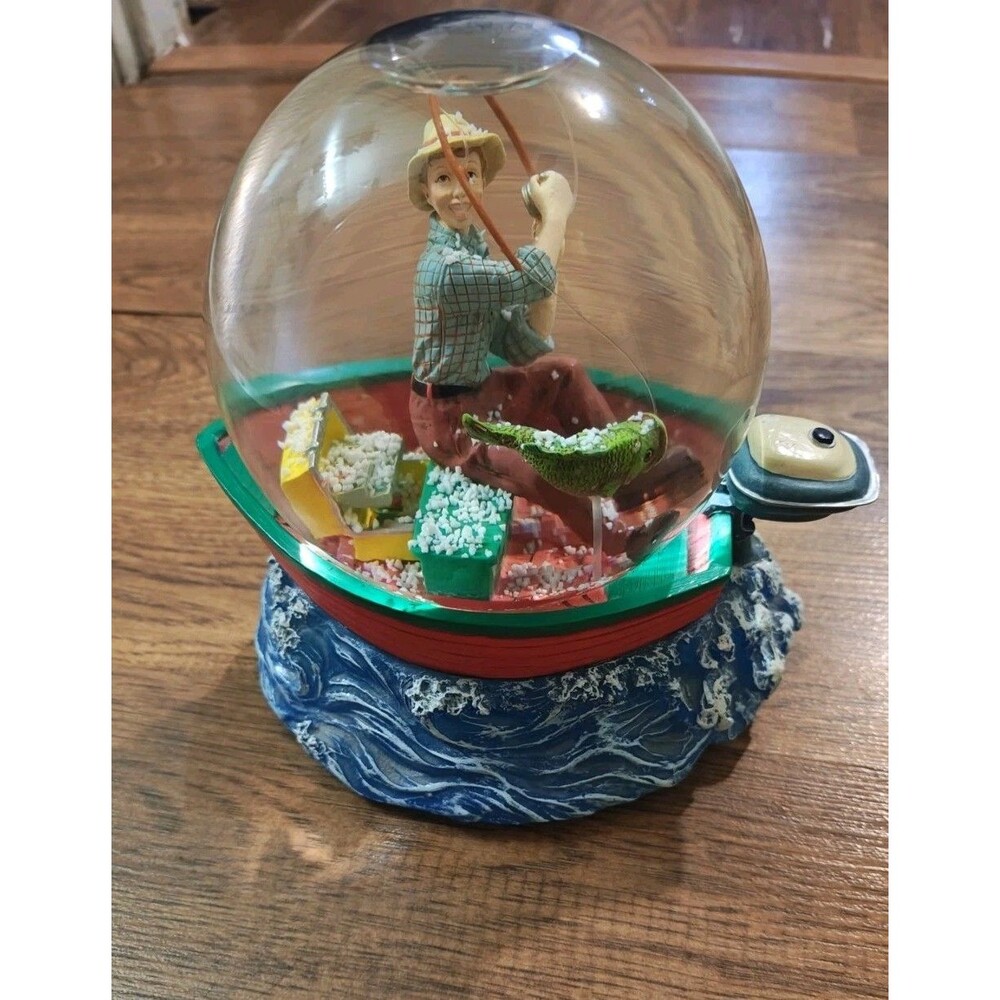 VTG Y2K Department Dept 56 Fishing Musical Snow Globe Nautical Angler Fisherman